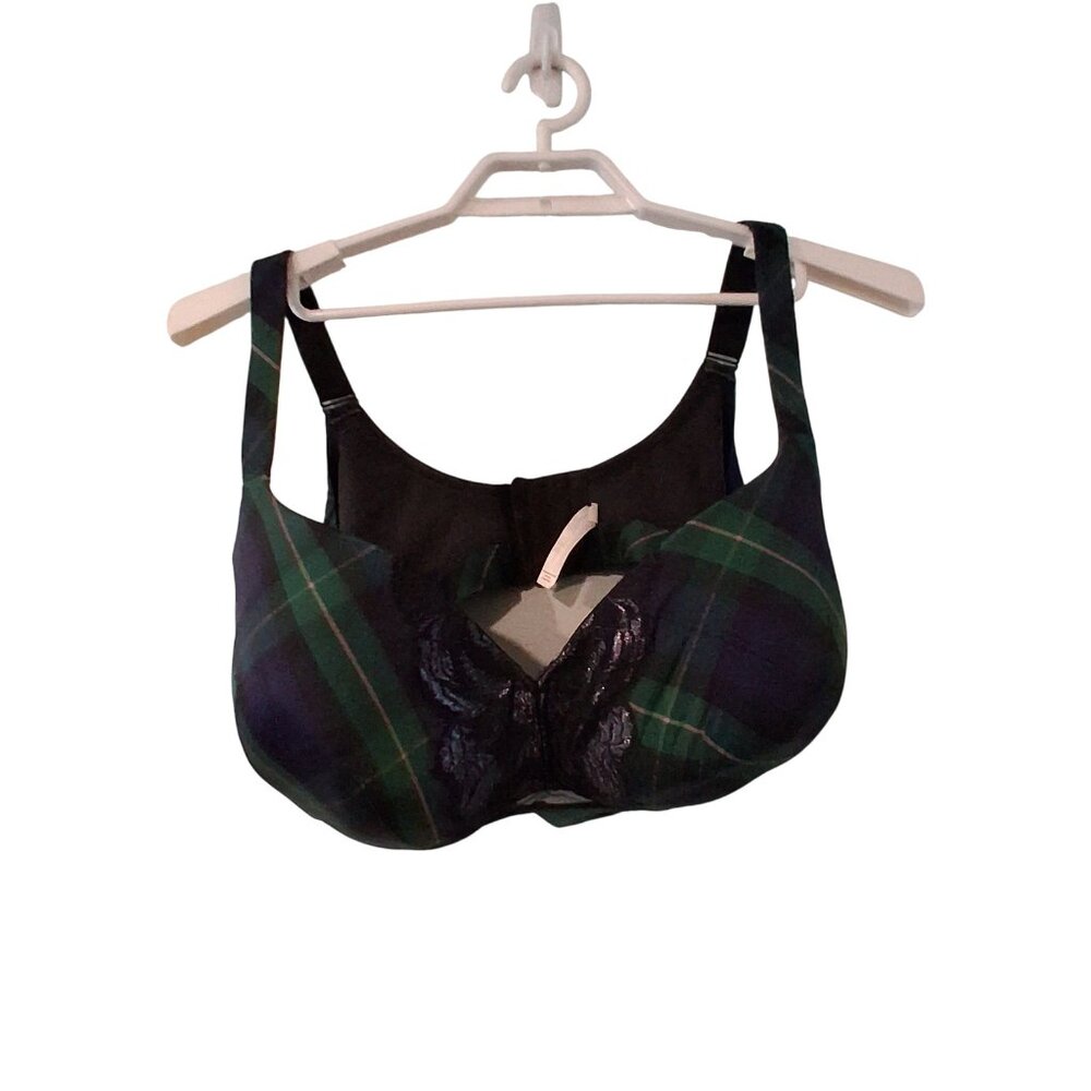 Cacique Bra 42H 42 H lightly lined Balconette underwire green plaid